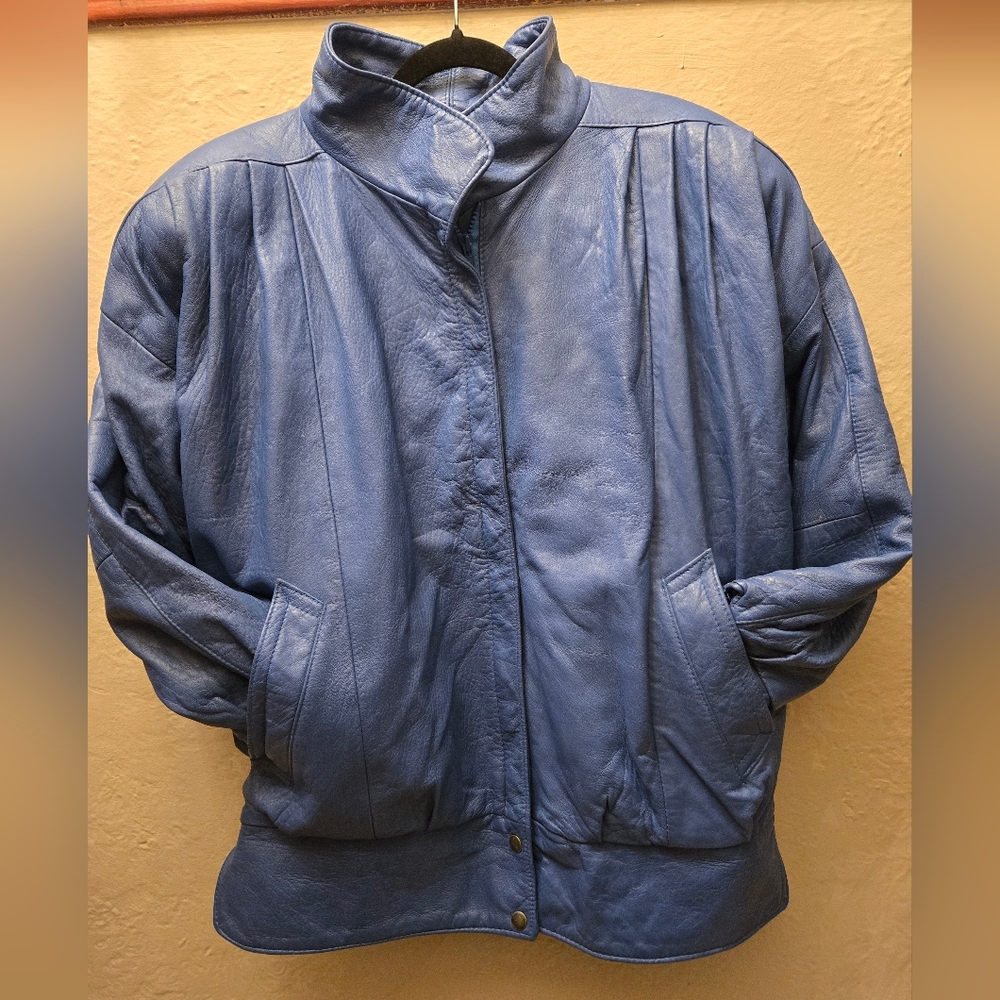 Vintage 70s Blue Leather Jacket Bainton Made in England Zip FrontVintage Bainton